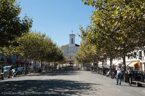 Carouge's main square with Eglise Sainte-Croix anchoring one end