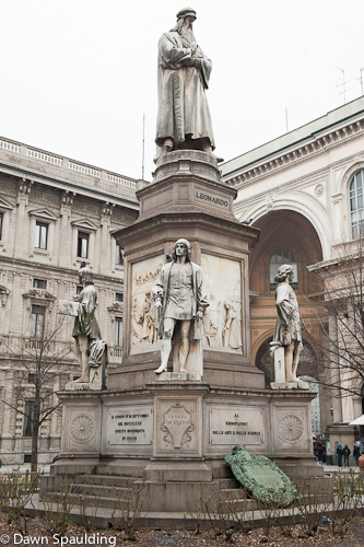 Marble Leonardo da Vinci statue adorns the Piazza della Scala